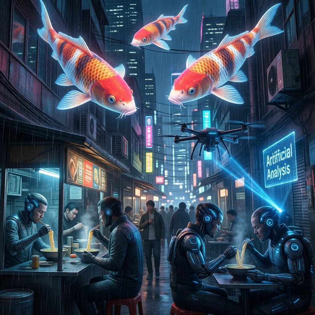 A neon alley in Neo-Tokyo 2142 drips with rain Cybernetic patrons slurp ramen at a stall with their glowing implants humming with blue light. Three giant holographic koi hover 10 metres above the ground and swim across the skyline, one has clipped into a building. A six-prop drone hovers nearby, projecting "Artificial Analysis" onto a wall with blue laser beams visible
