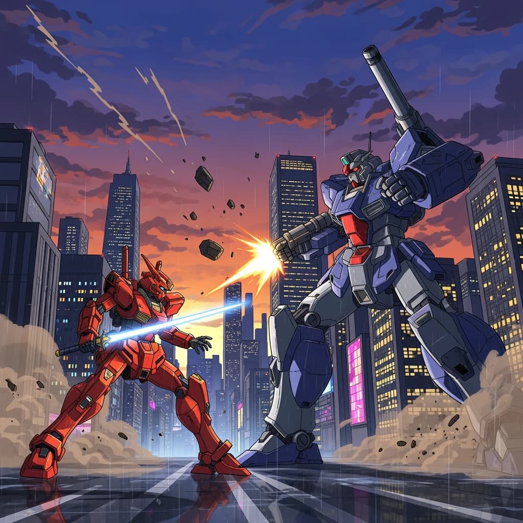 Make a cel-shaded mecha duel at dusk downtown.