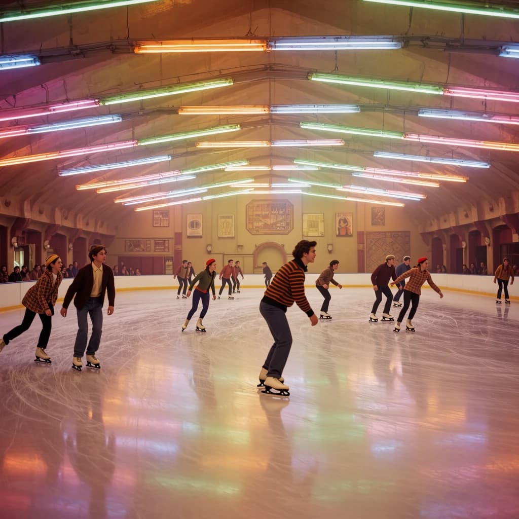 A 1970s roller rink crowd skates under neon, with a bit of fade and film grain.