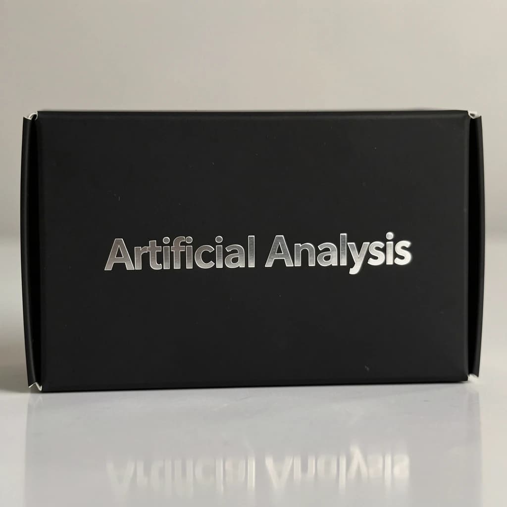 On the black box, silver foil embossing, centered: "Artificial Analysis" in Comic Sans Small Caps, perfectly justified. The letters are crisp, but the “Y” is duplicated faintly, ghosting right. On the box’s reflection, the word order is inverted: ARTIFICIAL ANALYSIS.