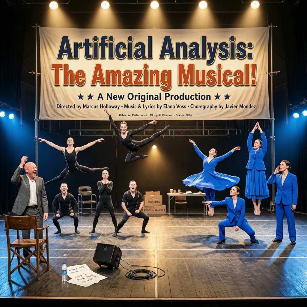 The musical troupe do a rehearsal in a large, empty theatre. 9 people are on the stage, half wear black and the others wear blue. The skinny bald director, seated in the second row, is practically leaping out of their seat with excitement as the leads nail their aerial. A giant banner reading "Artificial Analysis: The Amazing Musical!" is behind the actors.