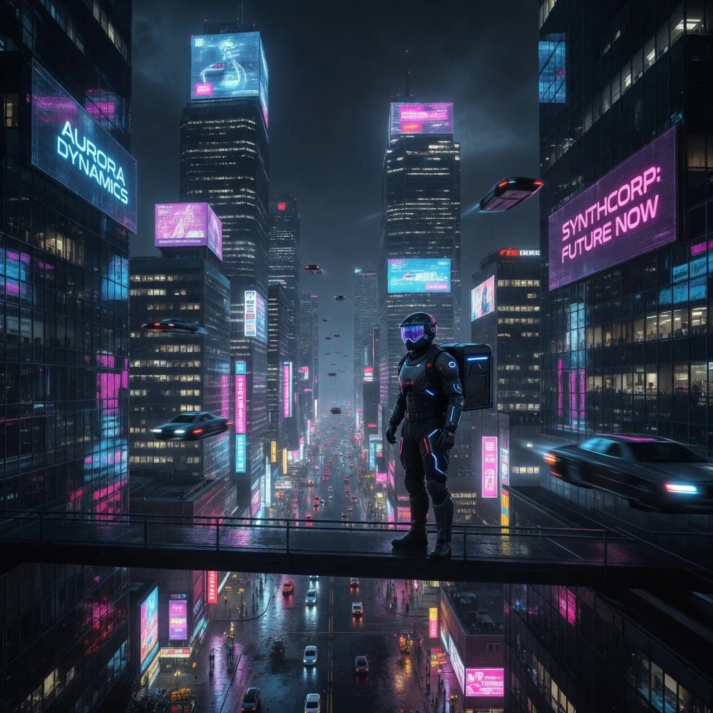 Rain-soaked neon megacity at night, flying taxis weave between glass towers, giant holograms flicker; a lone courier in a matte exosuit, somewhat cinematic wide angle.