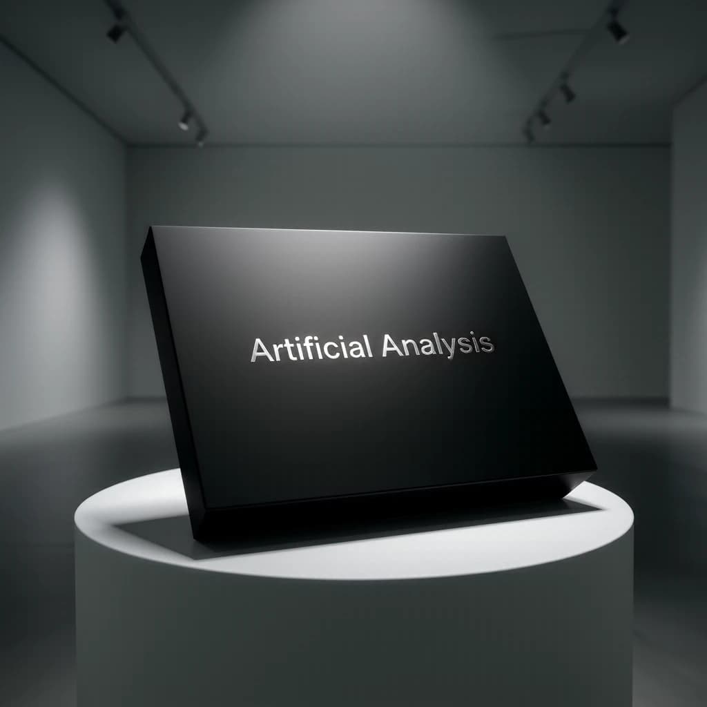 A premium matte black laptop-sized box rests on a pure white pedestal within a gallery space. Overhead, a single spotlight carves sharp contrast, leaving the edges in deep shadow. The brand name Artificial Analysis is embossed in silver foil, glinting faintly as though it were jewelry.