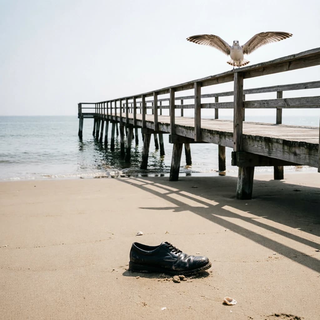 The beach is flat, sand beige, granular, no shells, except for a single left shoe, black leather, size eleven, half buried at an angle. The pier extends straight into the water, wood untreated, grain visible, though the support posts vanish before they touch the surface. The sky is uniformly gray, no clouds, yet shadows stretch at sharp diagonals. A single gull sits on the railing, wings outstretched, frozen mid-flap, no movement.