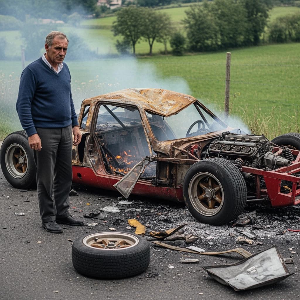 Mario examines the still smouldering wreck of the crash that took his best driver on the side of the country road. He designed this car and caused this. 3 days have passed since the crash. It's 1973 in Northern Italy.