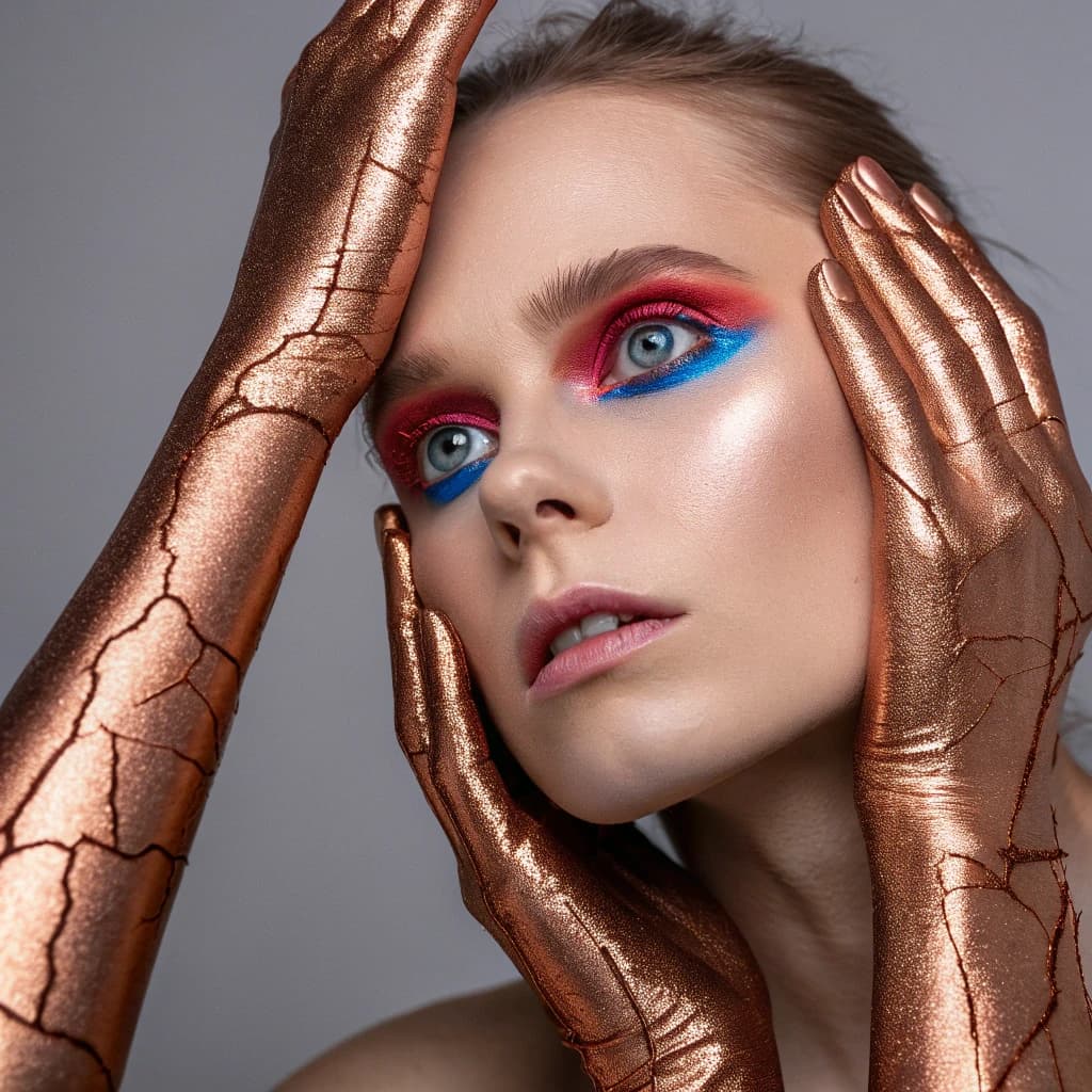 A striking close-up portrait of a woman with cracked metallic copper-painted hands framing her face. Her vivid blue and red eye makeup contrasts sharply with the smooth, pale skin and muted background, creating a bold, surreal composition. She displays an air of uncertainty about her