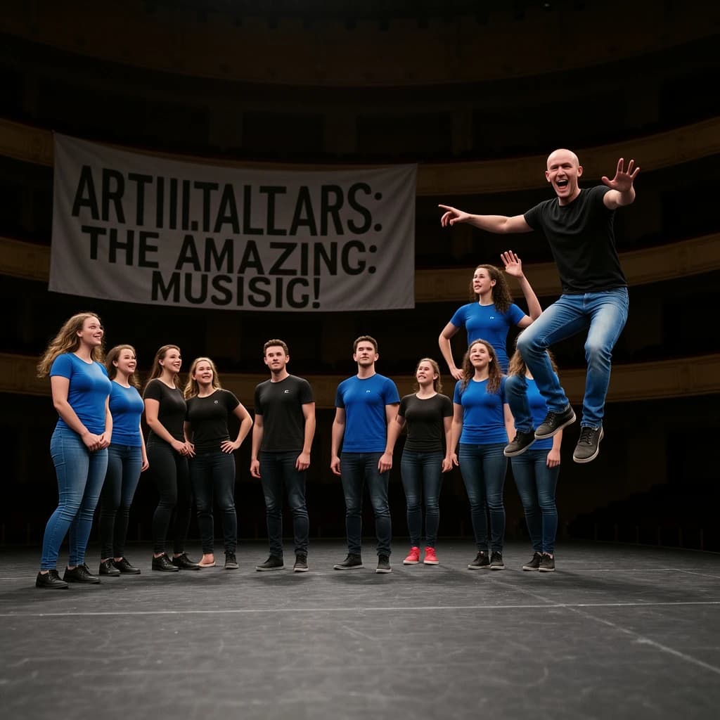 The musical troupe do a rehearsal in a large, empty theatre. 9 people are on the stage, half wear black and the others wear blue. The skinny bald director, seated in the second row, is practically leaping out of their seat with excitement as the leads nail their aerial. A giant banner reading "Artificial Analysis: The Amazing Musical!" is behind the actors.