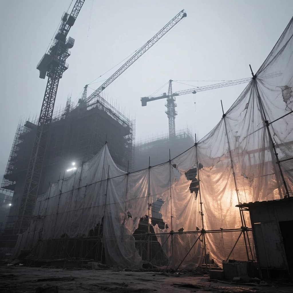 A construction site stretched upward into fog, cranes frozen in silhouette. Wind rattled scaffolding draped with torn mesh that glowed faintly from nearby billboards