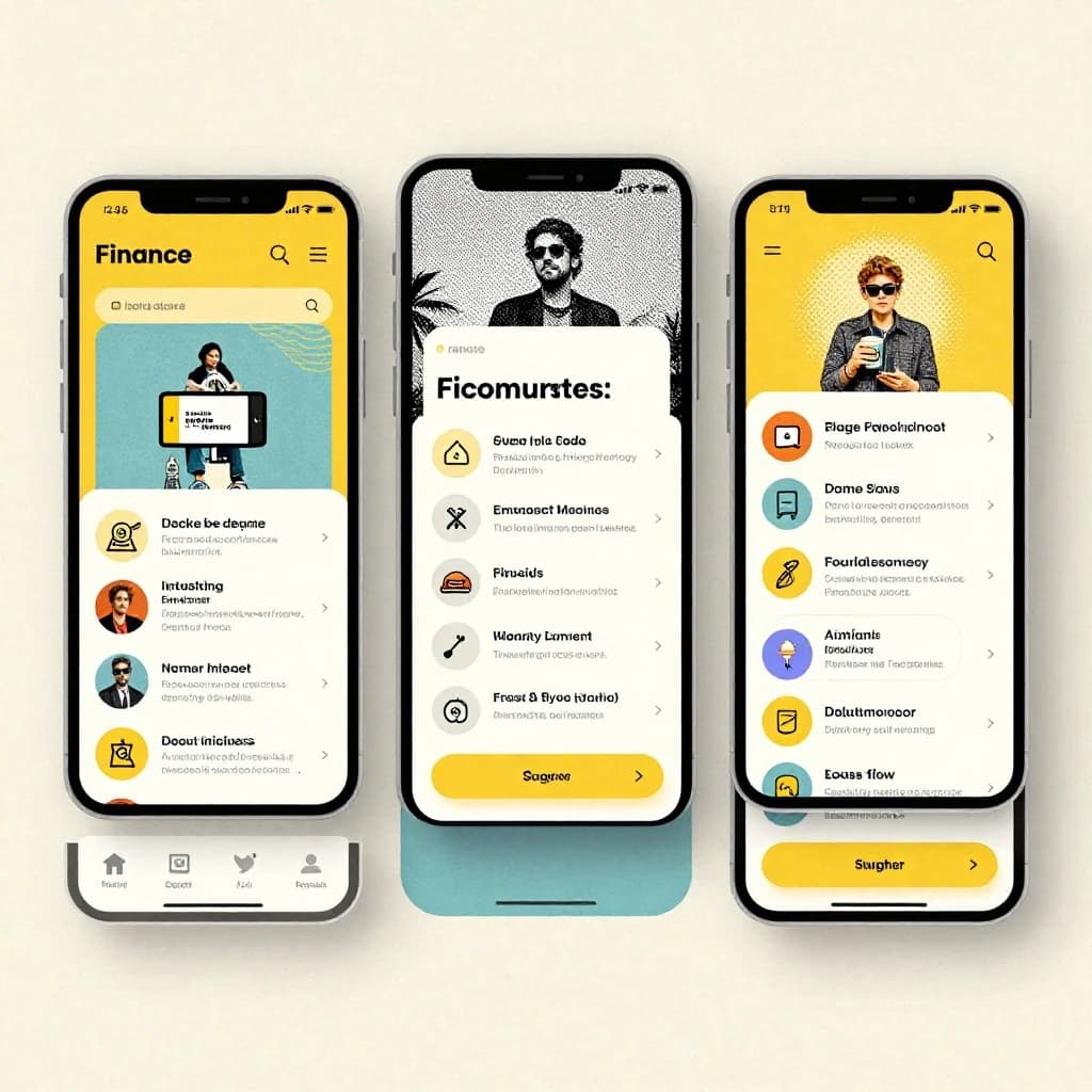 Make mobile finance app screens with mid-century palette, halftone, paper grain.