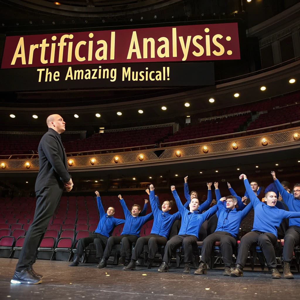 The musical troupe do a rehearsal in a large, empty theatre. 9 people are on the stage, half wear black and the others wear blue. The skinny bald director, seated in the second row, is practically leaping out of their seat with excitement as the leads nail their aerial. A giant banner reading "Artificial Analysis: The Amazing Musical!" is behind the actors.