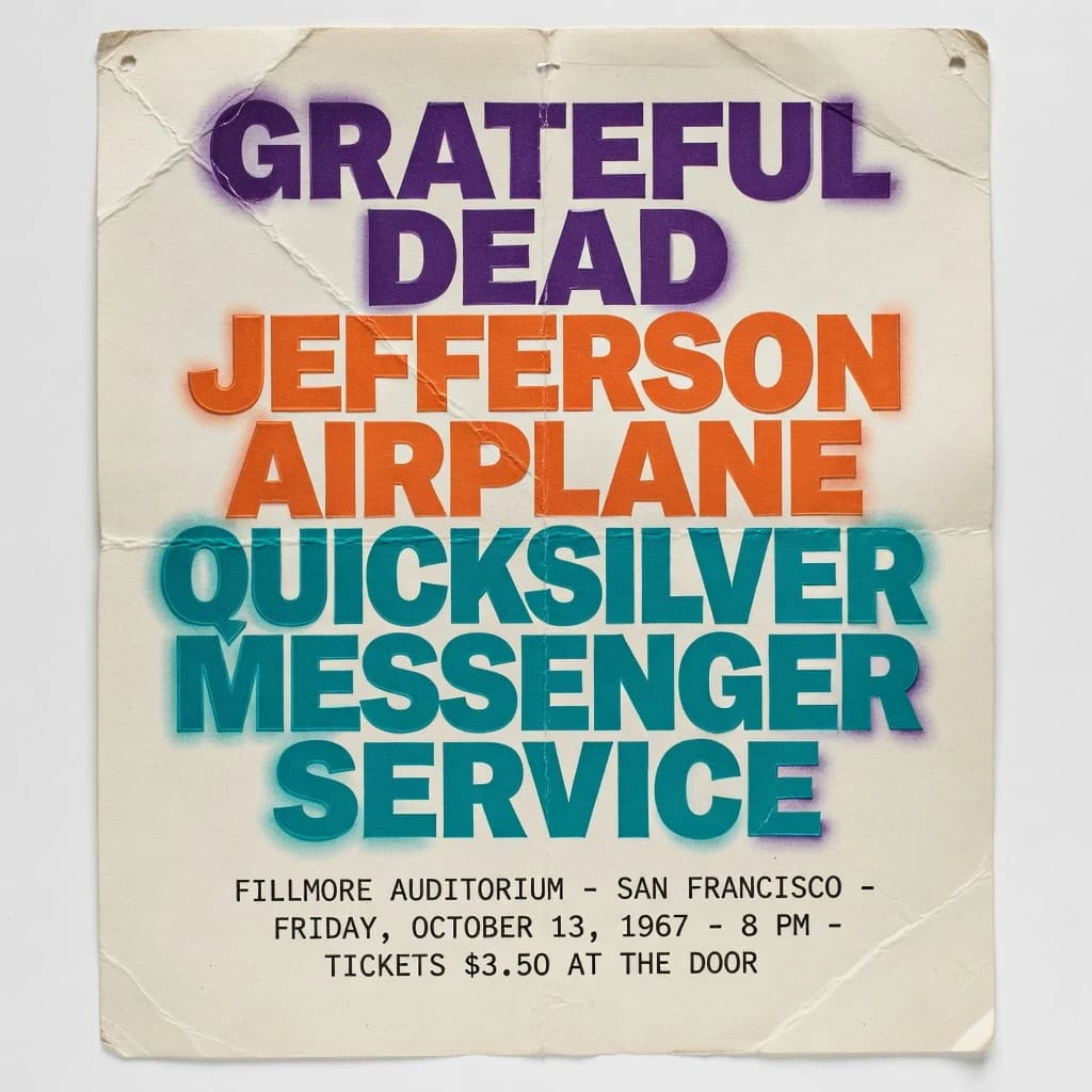 Make a 1960s concert poster featuring bold wood type, misaligned ink, creases.