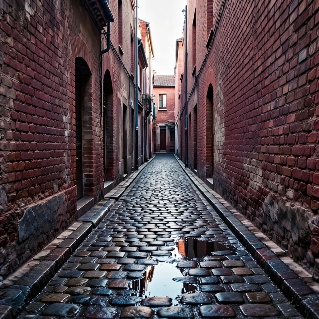 Show a narrow brick alley with wet cobblestones.