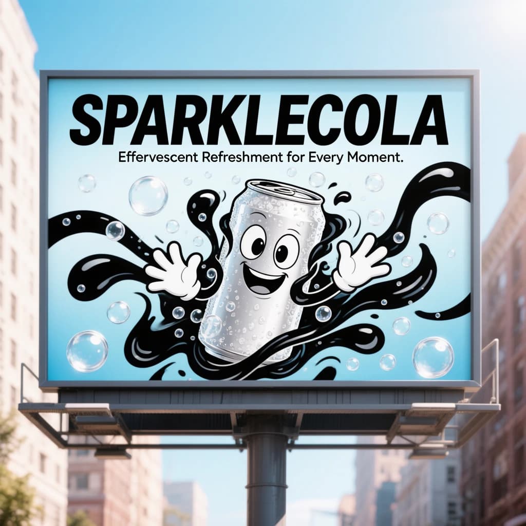 Design a bright soda billboard ad with a bubbly can mascot, thick inky lines.