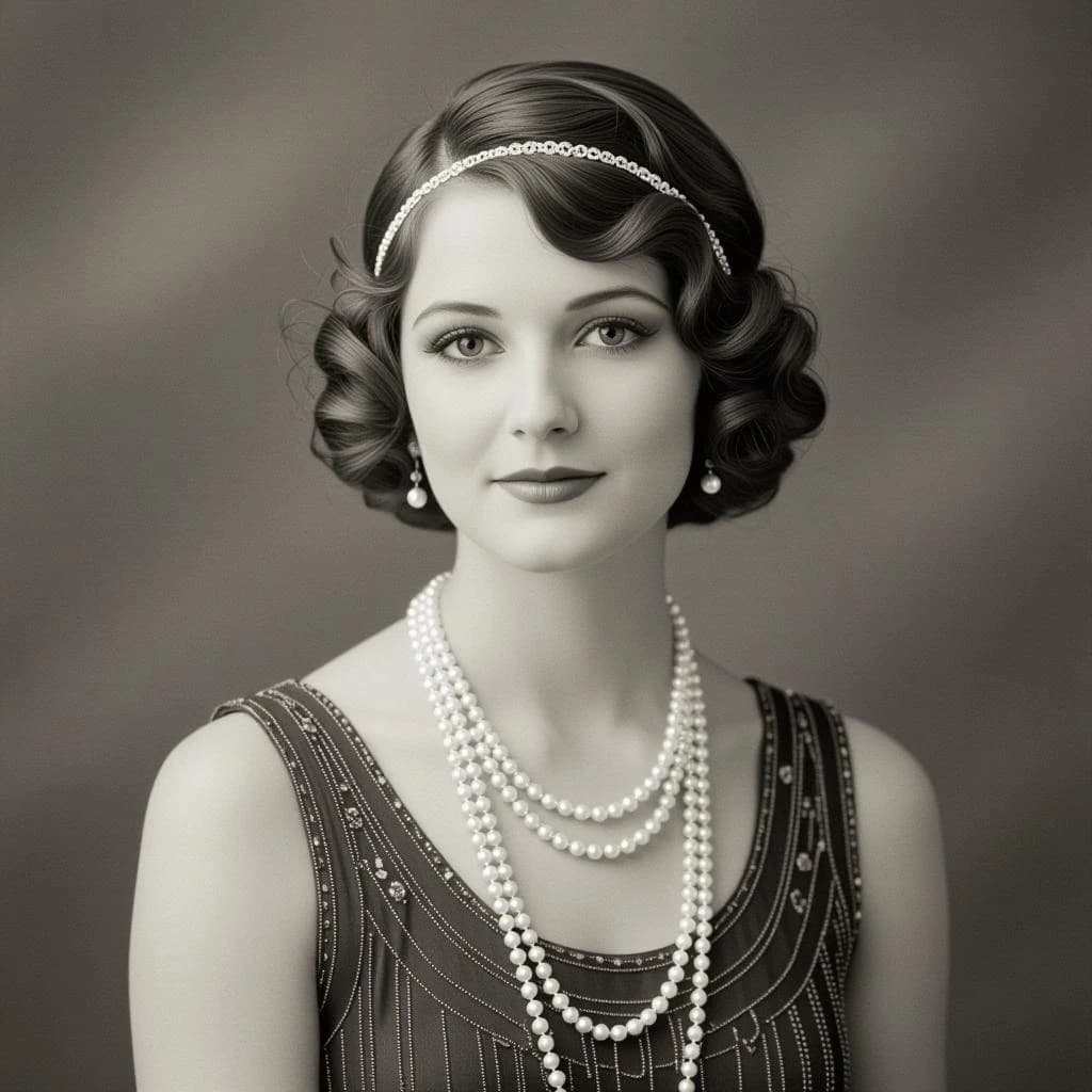 Sepia-toned studio portrait of a flapper with pearl necklace, soft grain.