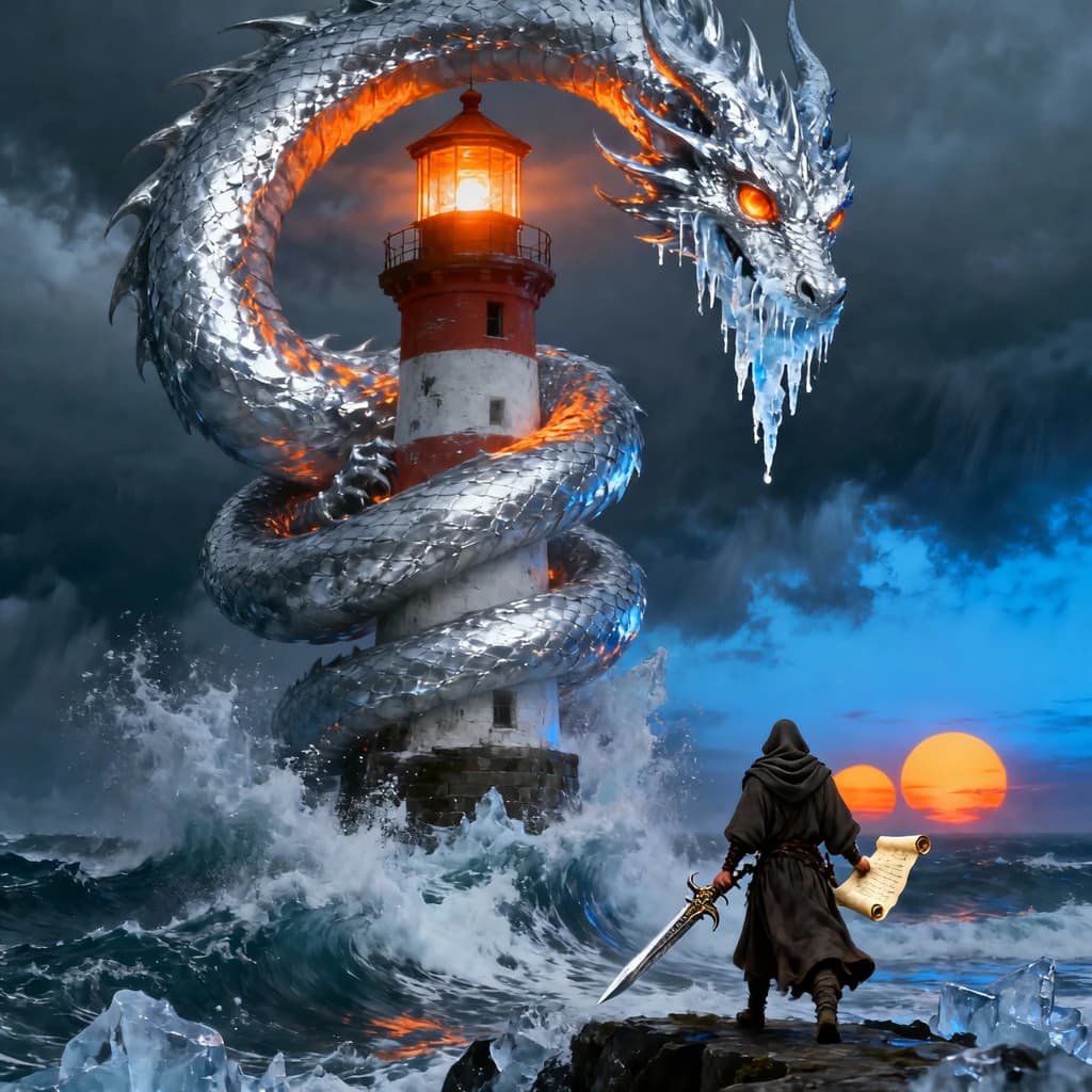 A dragon of molten silver coils around a lighthouse. The storming sea below crashes upward in frozen stillness, as though caught mid-motion. The dragon’s molten eyes drip tears of ice. On the horizon, two suns set next to each other, casting orange light on one side of the tower and blue on the other. A cloaked traveler carries an ancient weapon in his left hand and a scroll in his right.