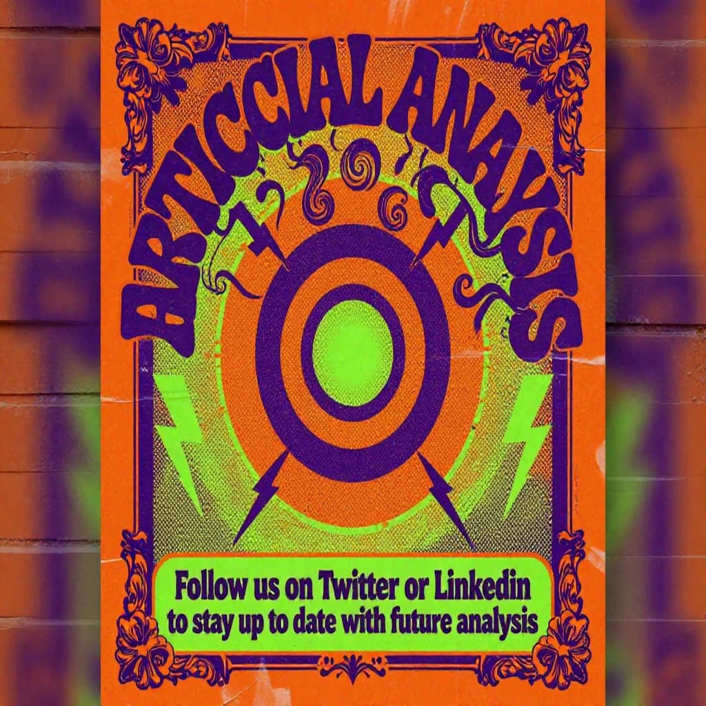 A portrait layout psychedelic concert poster from 1972 bathed in saturated oranges, deep purples, and acid greens. Swirling, hand-drawn typography arcs across the top, spelling out Artificial Analysis in bold, distorted letters that melt into spirals. Surrounded by radiating concentric circles and lightning-bolt motifs. The background is textured with halftone dots and faded paper creases, evoking a well-worn poster taped to a brick wall. Ornate floral borders frame the design, while the bottom features blocky retro lettering listing “Follow us on Twitter or LinkedIn to stay up to date with future analysis” in smaller text. 