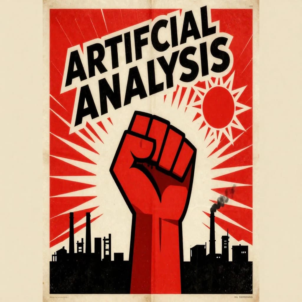 A propaganda poster in stark red, black, and beige. A clenched fist rises in the foreground, rendered with sharp geometric blocks. Behind it, radiating lines stretch upward toward a stylized sun. At the top, bold sans-serif lettering in Cyrillic-inspired type spells out Artificial Analysis, tilted at an angle for emphasis. A factory skyline silhouettes the bottom edge, smoke stacks rising into the background. The texture is rough, printed on aged paper with visible creases and ink bleed. Designed in the constructivist Soviet poster style.