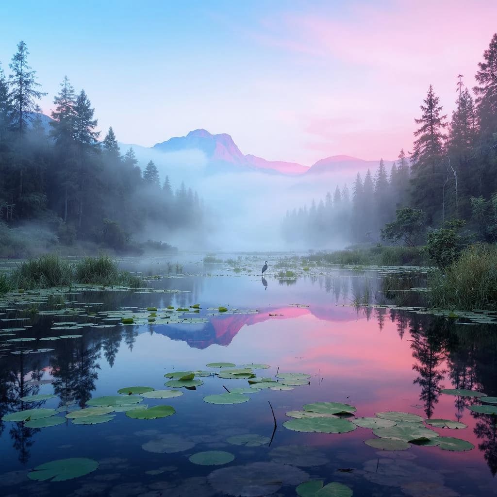 With pre-dawn mist along a cedar forest river and glassy water dotted with lily pads, distant mountains blush pink, and a heron stands still like it forgot what to do next.