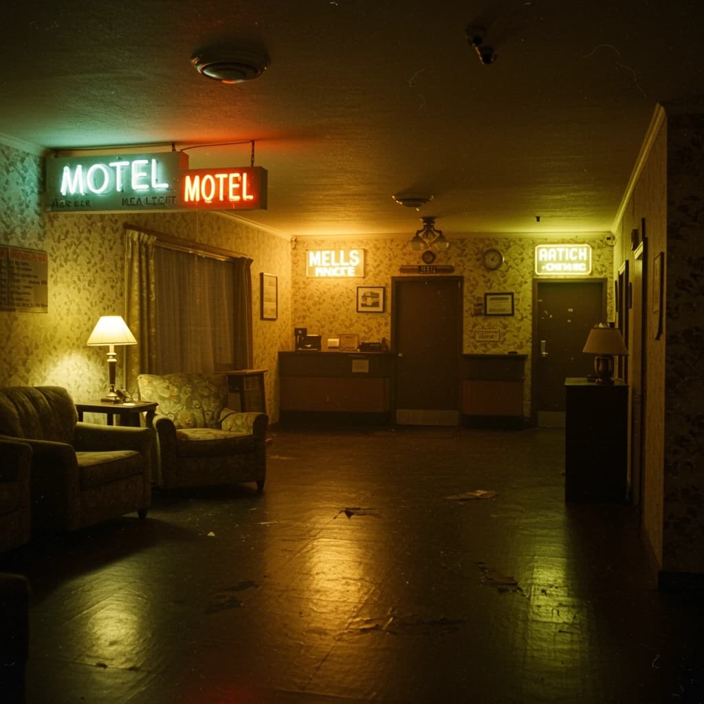 Show a faded 70s motel lobby with humming neon, sticky carpet, film grain.