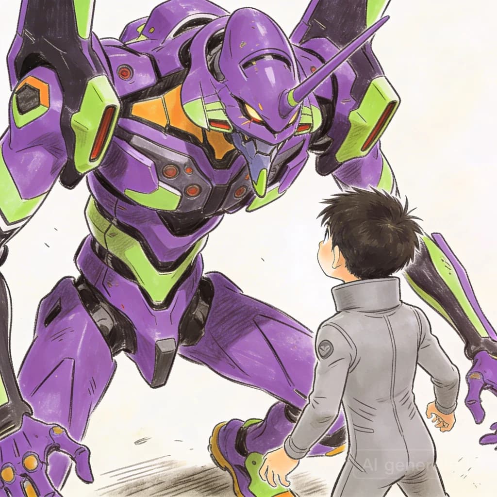 Clad in his body suit up to the neck, young Masa nervously approaches the towering mech with his back facing us. He is nervous for his first time in the field. The mech's bright purple colour scheme contrasts with the grey body suit. The scale of the mech dwarfs Masa. Hand drawn style