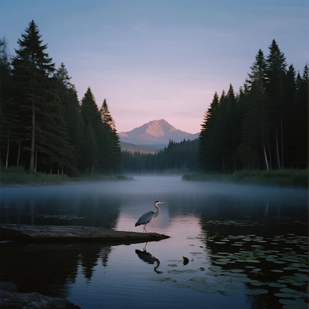 With pre-dawn mist along a cedar forest river and glassy water dotted with lily pads, distant mountains blush pink, and a heron stands still like it forgot what to do next.