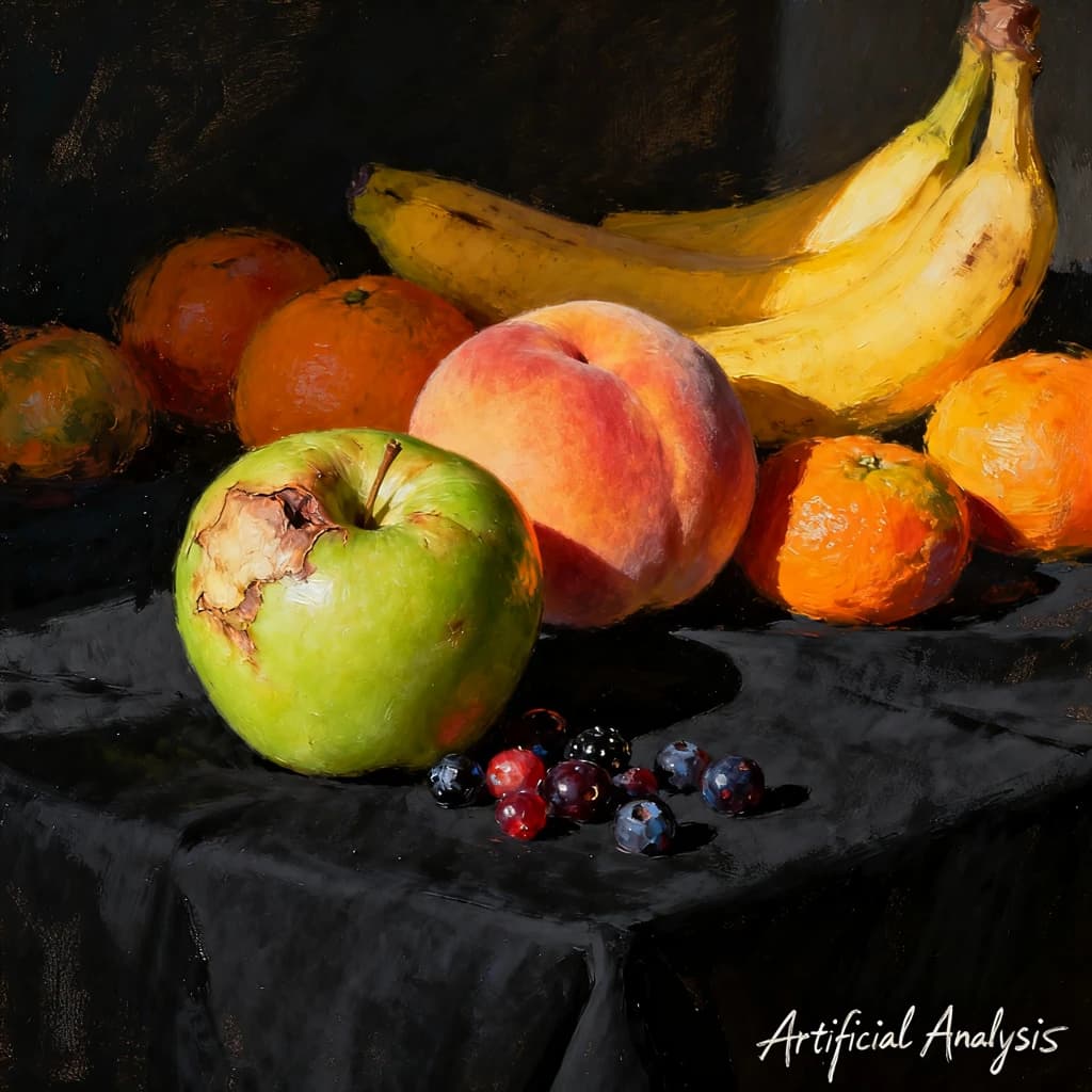 A still life scene painted oil on canvas, comprising various fruits on a black table cloth with striking lighting coming from the right out of frame, creating strong shadows. A bruised green apple is in the foreground, a peach behind it, and behind that a melange of oranges and bananas in various states of ripeness. Berries are strewn in front of the apple. The artist has signed his name "Artificial Analysis" in the bottom right corner in a hurried fashion.