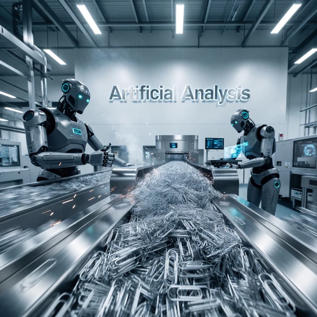 Close up point of view perspective on a conveyor belt pumping out paperclips at a maddening pace. The high tech factory has Artificial Analysis printed proudly on the wall. Robot staff look approvingly over the robust output.