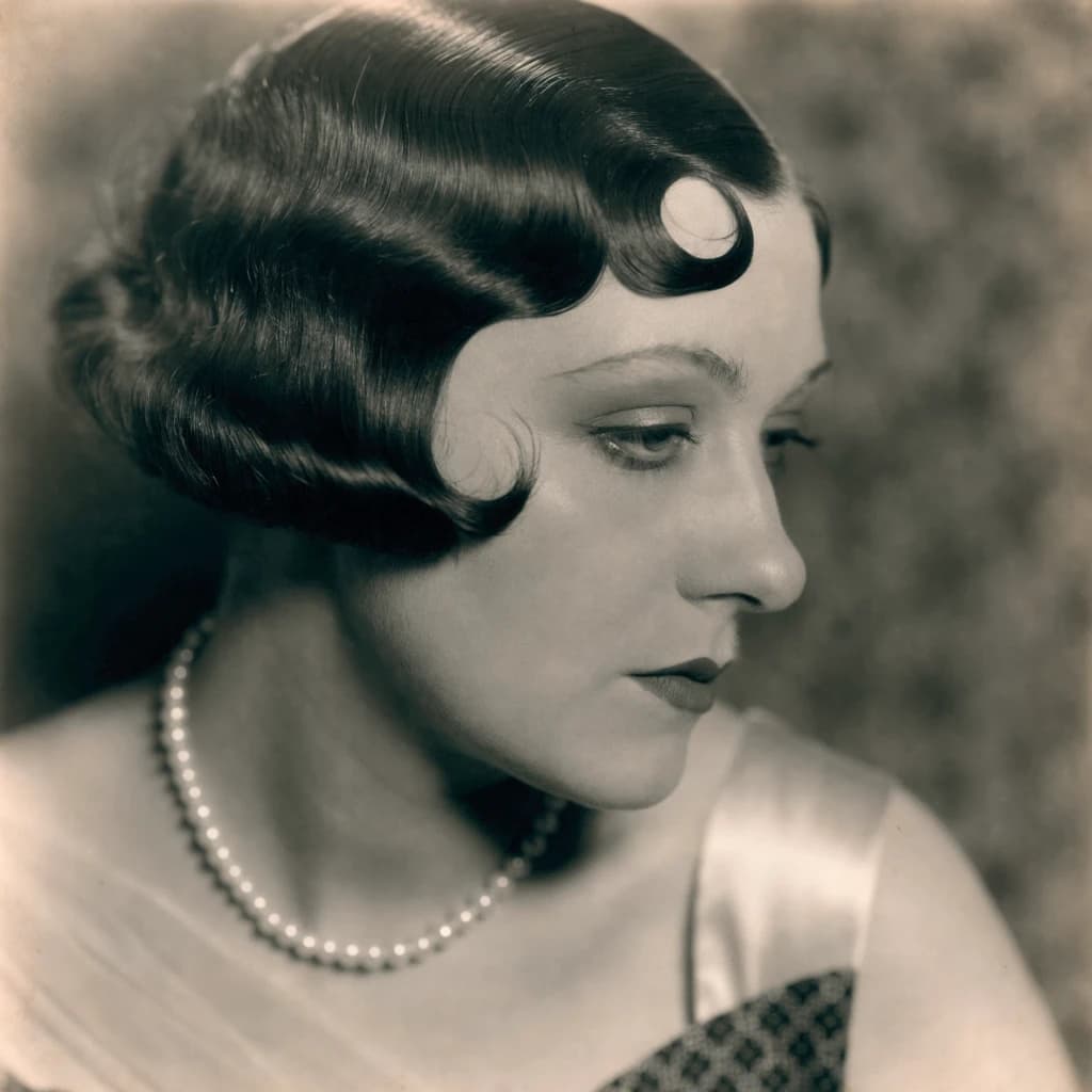 Sepia-toned studio portrait of a flapper with pearl necklace, soft grain.