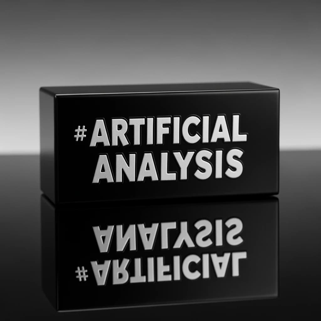 On the black box, silver foil embossing, centered: "Artificial Analysis" in Comic Sans Small Caps, perfectly justified. The letters are crisp, but the “Y” is duplicated faintly, ghosting right. On the box’s reflection, the word order is inverted: ARTIFICIAL ANALYSIS.