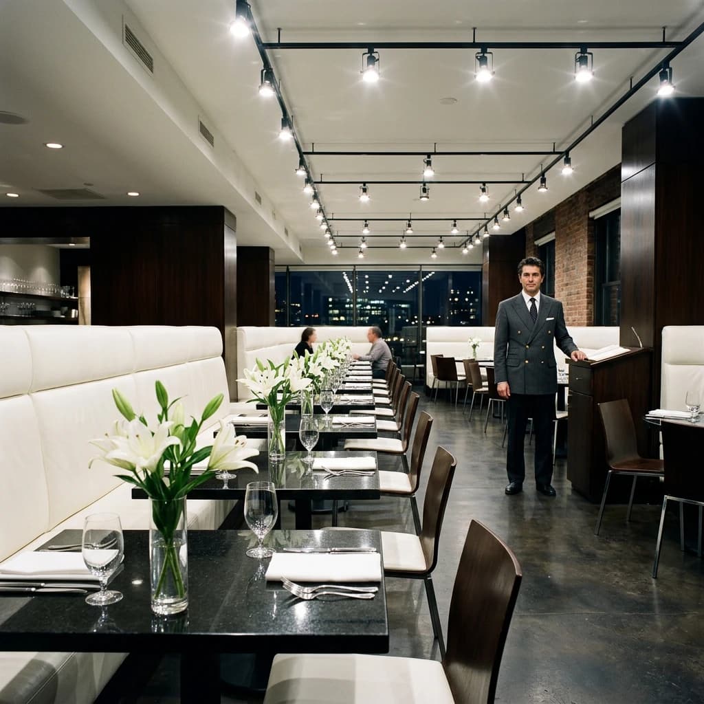 The place is almost empty. The banquettes are covered in white leather, the tables black granite, and the entire room is bathed in halogen track lighting that seems too bright. The maître d’ wears a double-breasted wool crepe jacket. There are lilies on every table.