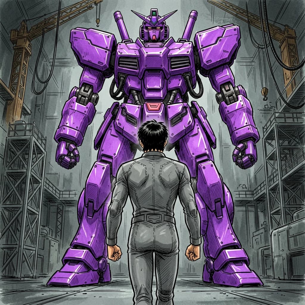 Clad in his body suit up to the neck, young Masa nervously approaches the towering mech with his back facing us. He is nervous for his first time in the field. The mech's bright purple colour scheme contrasts with the grey body suit. The scale of the mech dwarfs Masa. Hand drawn style