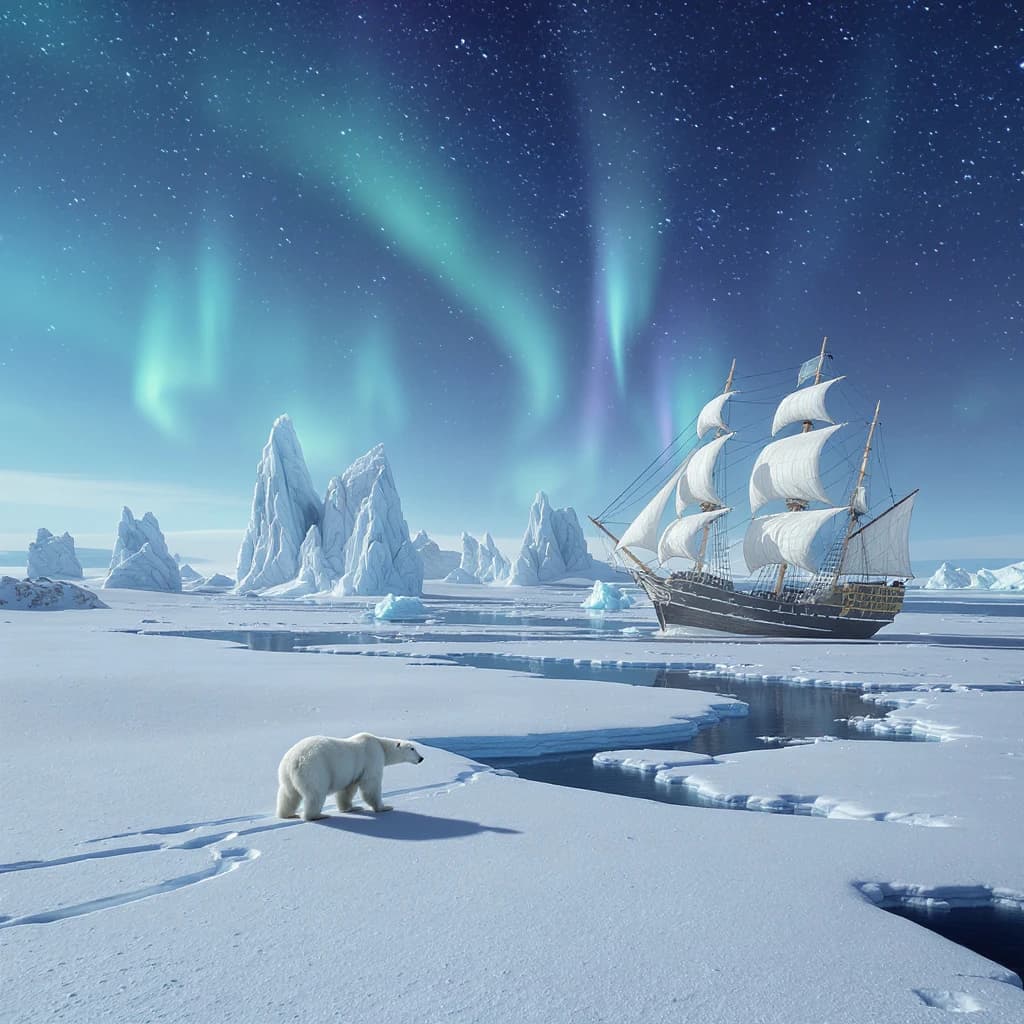 An endless tundra stretches outward, littered with jagged icebergs shaped like cathedral spires. A polar bear trudges across the foreground but leaves no tracks. Auroras ripple overhead. A half-buried shipwreck juts from the snow — sails billowing despite the still air.