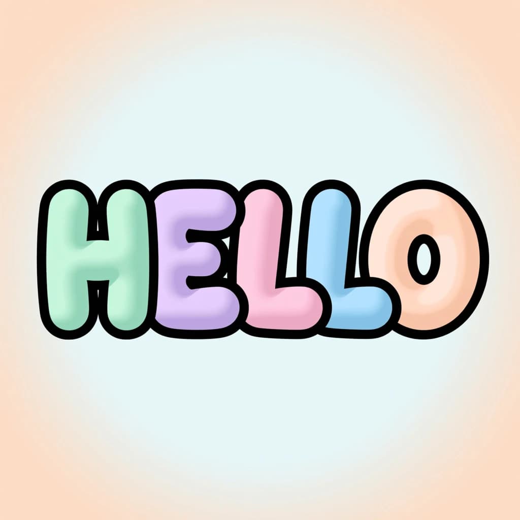 Make a bold bubble-letter poster that says HELLO, pastel palette, thick outline.
