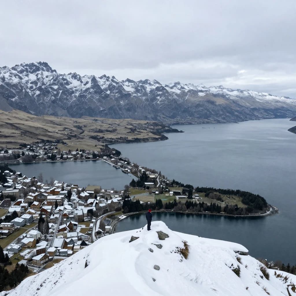 Queenstown's Lake Wakatipu, viewed from the top of Queenstown Hill after a snowstorm just dusted the top of Cecil's Peak