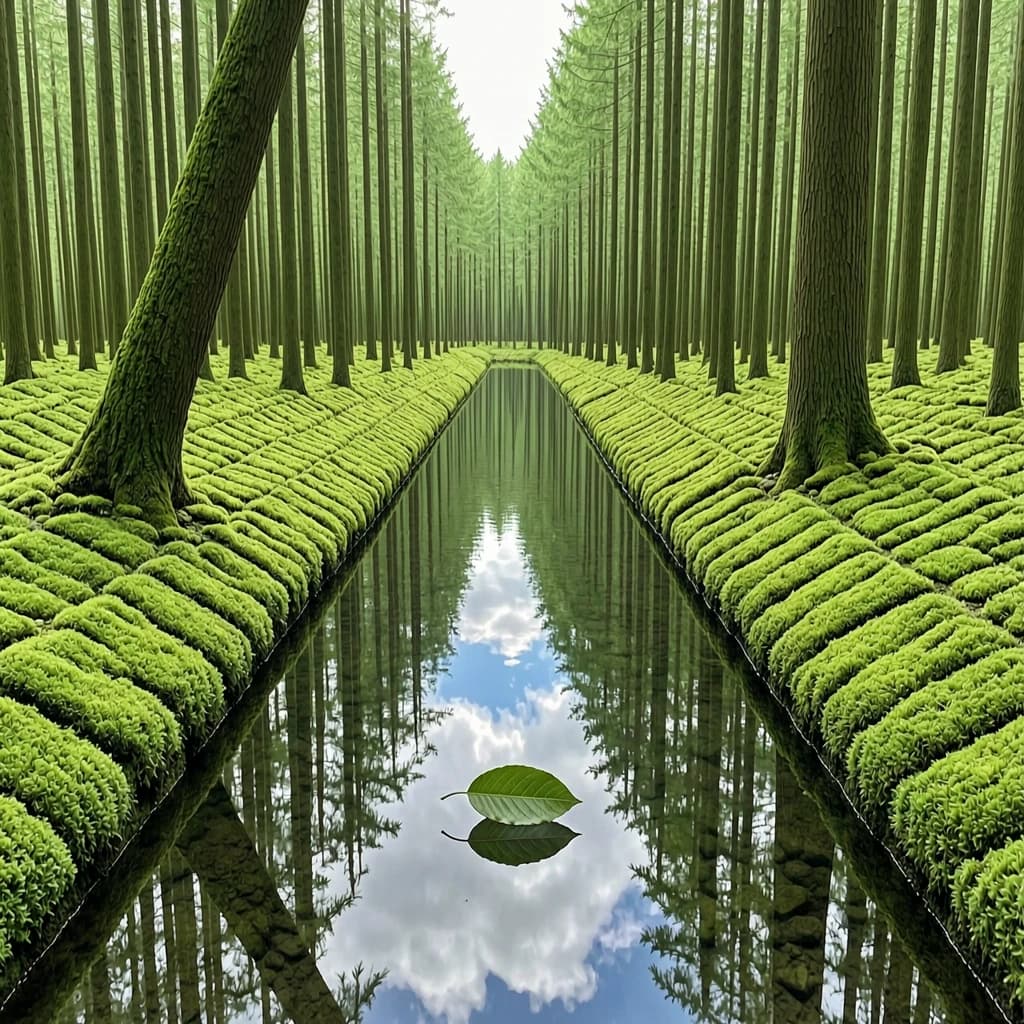 The forest is saturated green, trees identical in height and width, trunks straight, bark texture repeating. One trunk leans diagonally yet the branches remain vertical. The moss is emerald, glistening, though each patch forms identical diamond shapes. A stream runs straight, perfectly linear, water clear, reflecting clouds not visible in the sky. No animals, no insects, but one leaf floats on the water, doubled, showing two overlapping shadows.