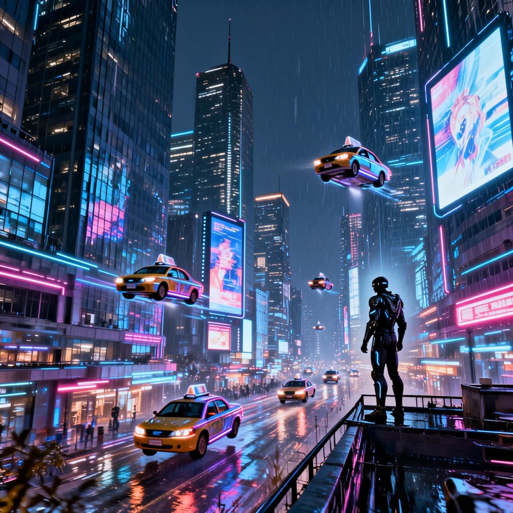 Rain-soaked neon megacity at night, flying taxis weave between glass towers, giant holograms flicker; a lone courier in a matte exosuit, somewhat cinematic wide angle.