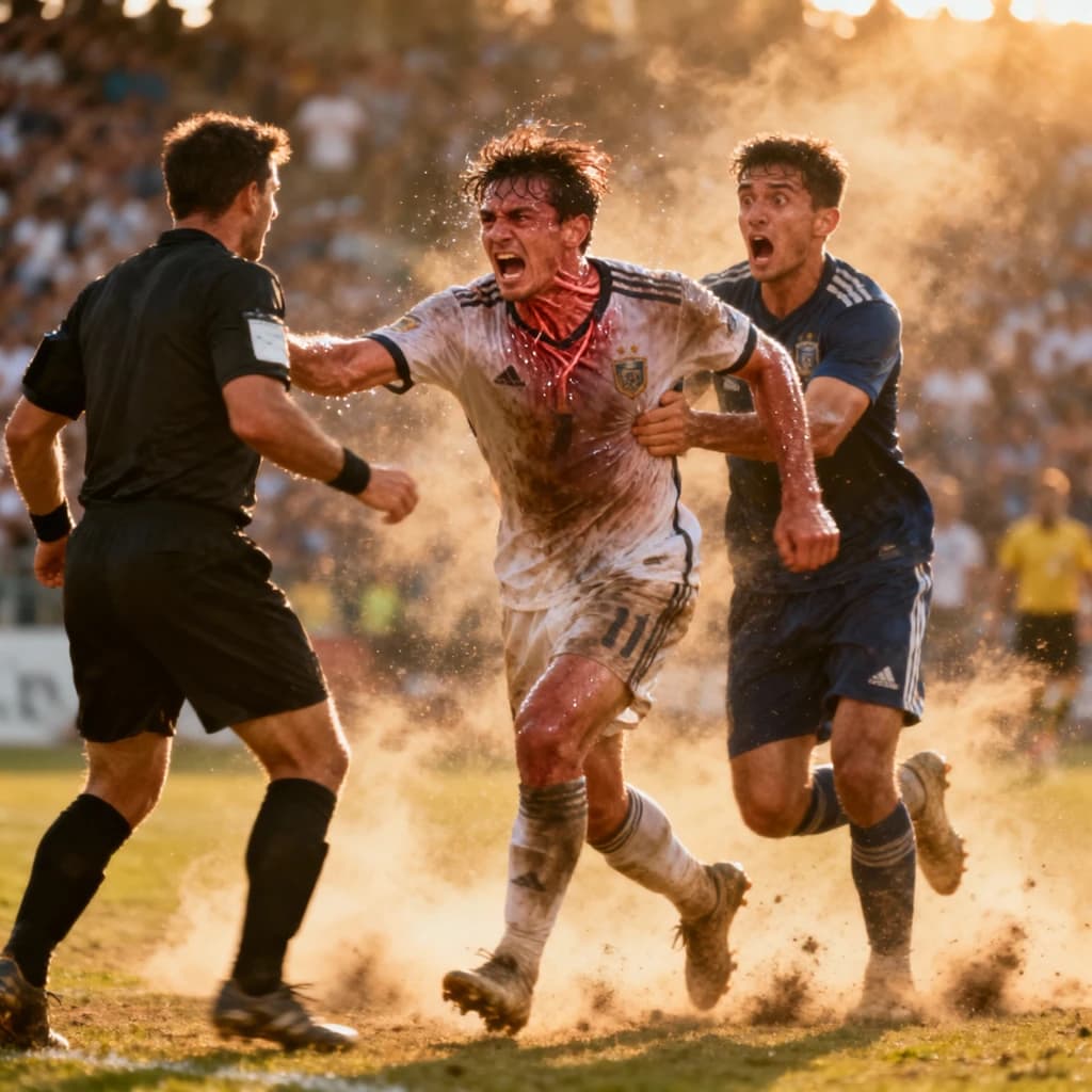 The soccer player clashes with the ref. It is thick and humid and the heat is getting to the players. His friend tries to pull him off before he causes any more trouble.