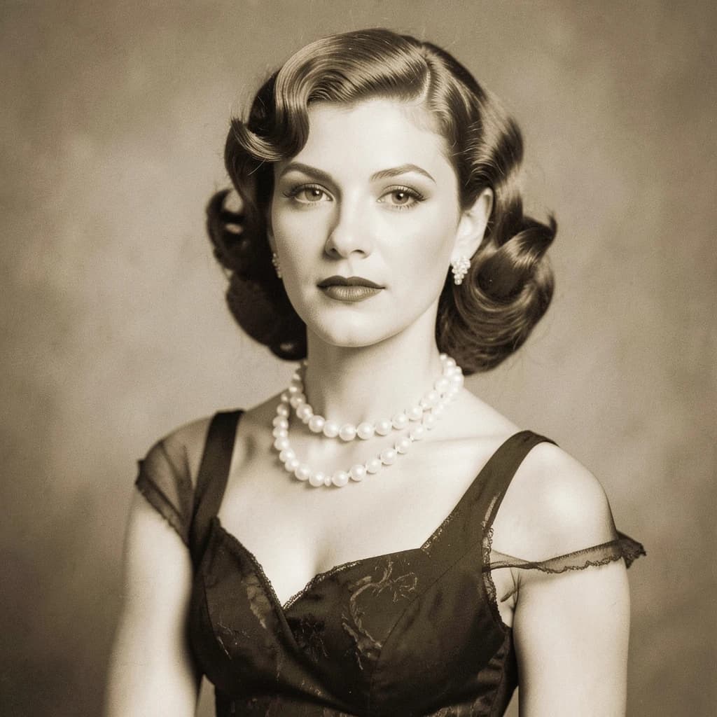 Sepia-toned studio portrait of a flapper with pearl necklace, soft grain.