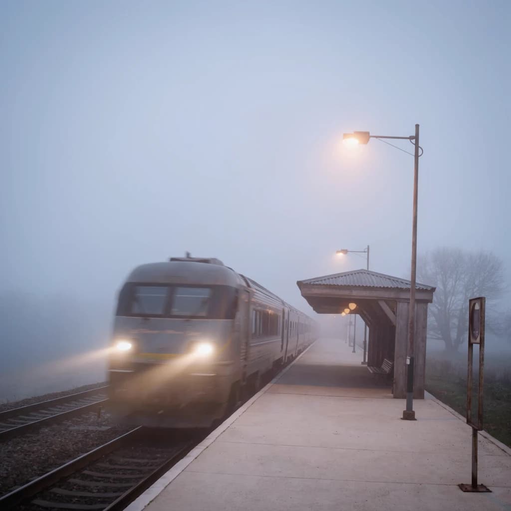 A commuter train enters a foggy little station.