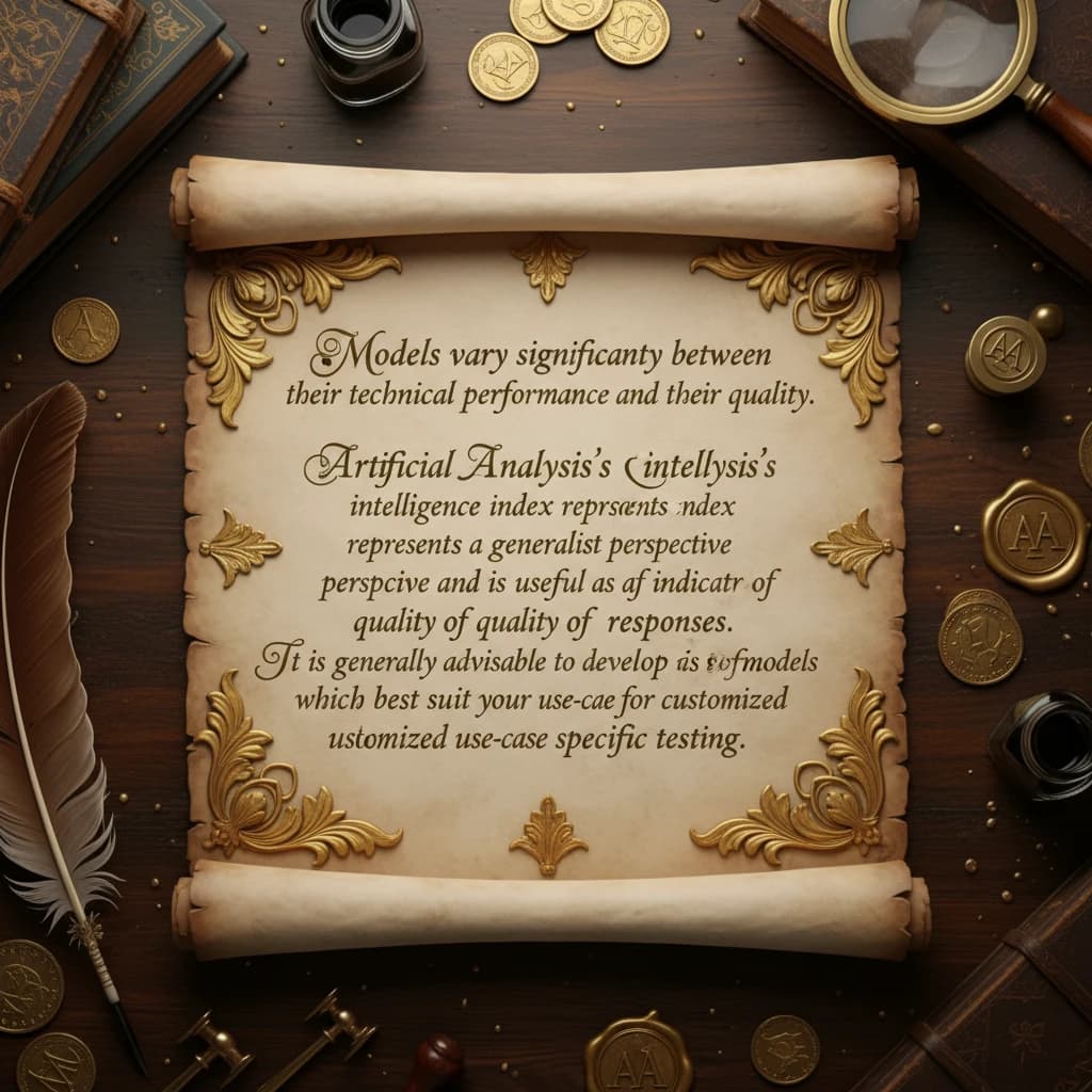 On a flat layout, write in an ornate baroque style "Models vary significantly between their technical performance, features and their quality. Artificial Analysis's intelligence index represents a generalist perspective and is useful as an indicator of the quality of responses. It is generally advisable to develop a short-list of models which best suit your use-case for customized use-case specific testing. "