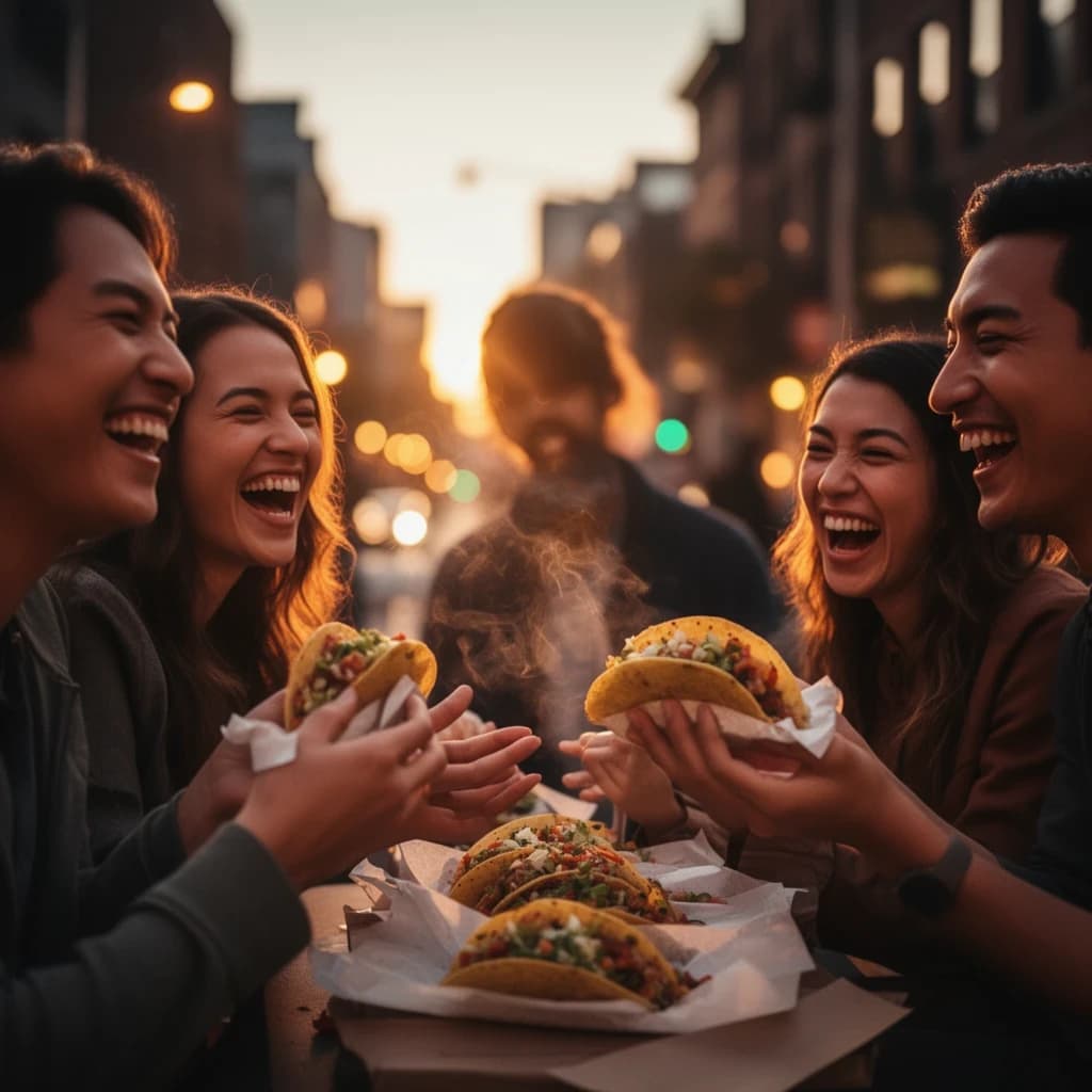 Friends laugh over street tacos at dusk, candid, shallow depth.