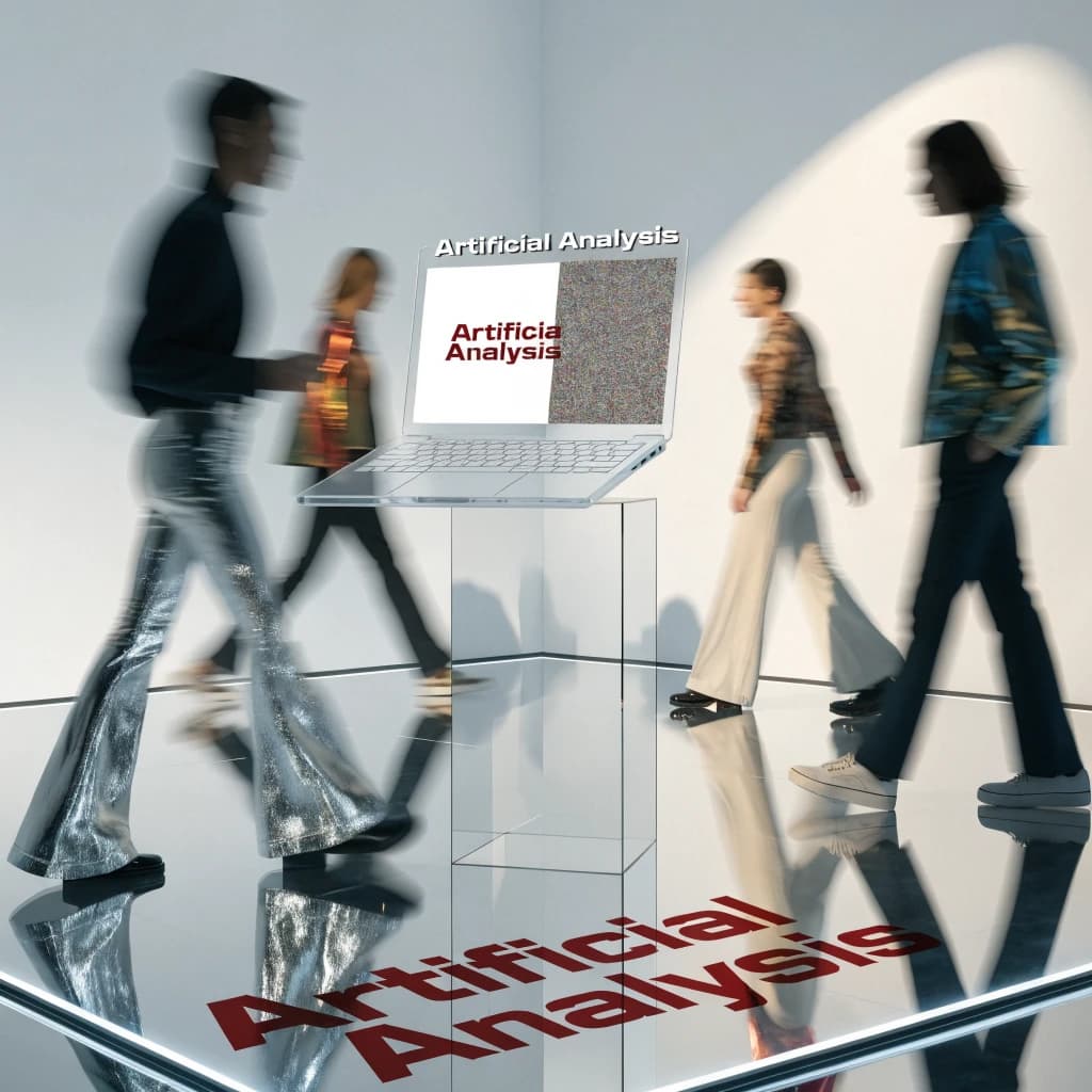 In a spotless gallery space, a pedestal supports a transparent laptop whose screen flickers between static and pristine brand imagery. Shoppers blur past in designer clothes that appear slightly outdated - bell bottoms, metallic jackets. The embossed logo “Artificial Analysis” glints silver, yet its reflection in the glass floor reads in crimson letters. A single spotlight shines, though shadows fall in two directions.