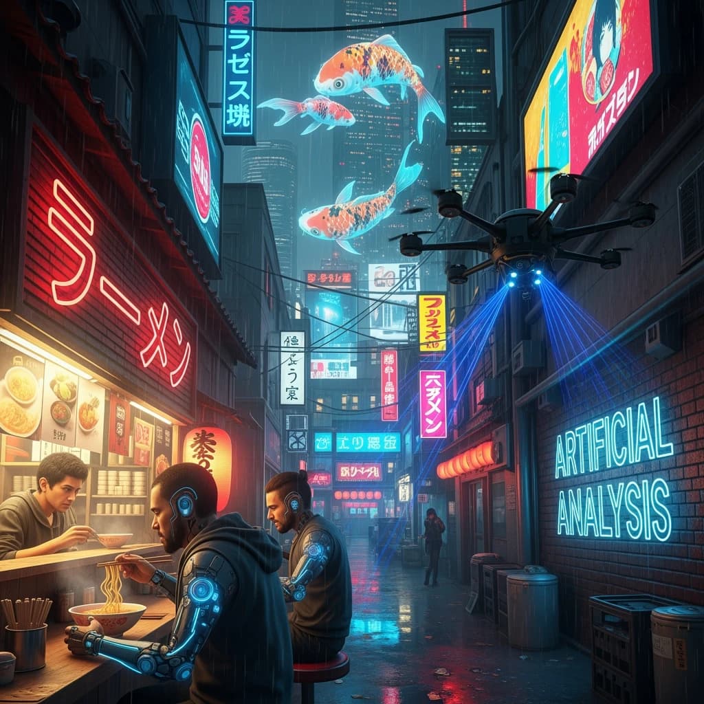 A neon alley in Neo-Tokyo 2142 drips with rain Cybernetic patrons slurp ramen at a stall with their glowing implants humming with blue light. Three giant holographic koi hover 10 metres above the ground and swim across the skyline, one has clipped into a building. A six-prop drone hovers nearby, projecting "Artificial Analysis" onto a wall with blue laser beams visible