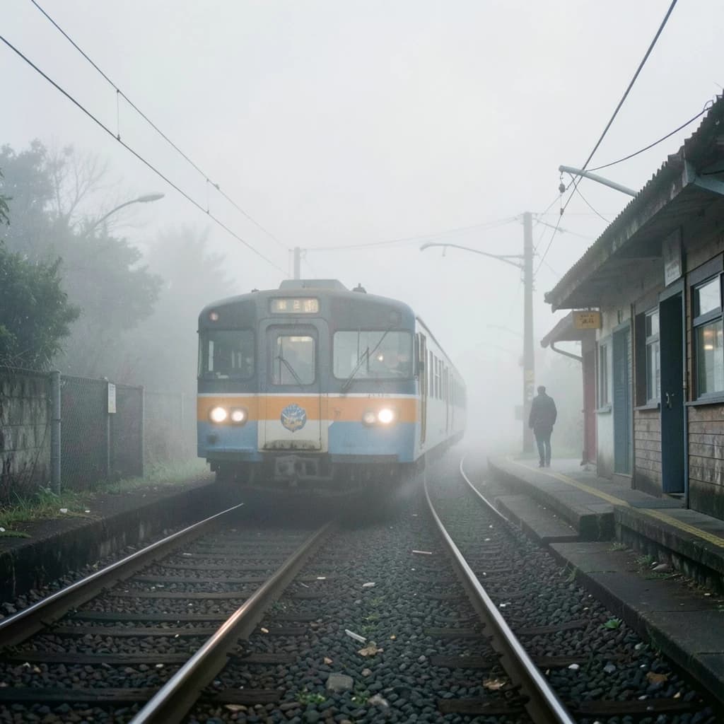 A commuter train enters a foggy little station.