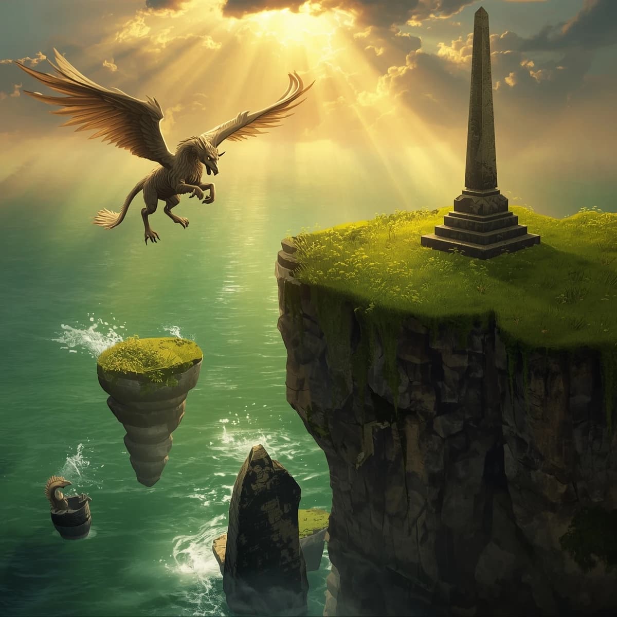 At dawn, a winged griffin lands on a mossy cliff above a jade sea beside a runed obelisk; floating isles drift under golden sunbeams, with a bit of sea spray and glowing runes.