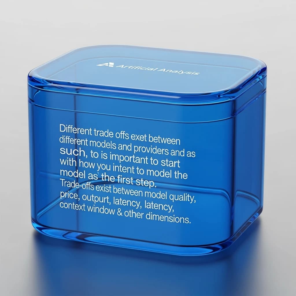In a clear transparent blue glassy rounded box, etch "Different trade offs exist between different models and providers and as such, it is important to start with how you intend to use the model as the first step. Trade-offs exist currently between model quality, price, output speed, latency, context window & other dimensions. " in sans serif medium weight text. Artificial Analysis is watermarked over the top right 
