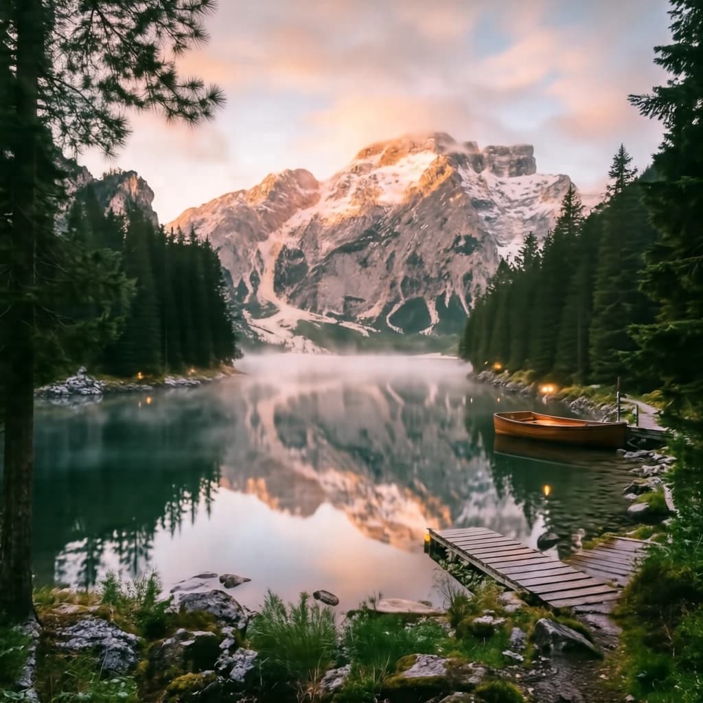 I want a photo of a misty alpine lake at dawn, pines, glassy water, warm light.