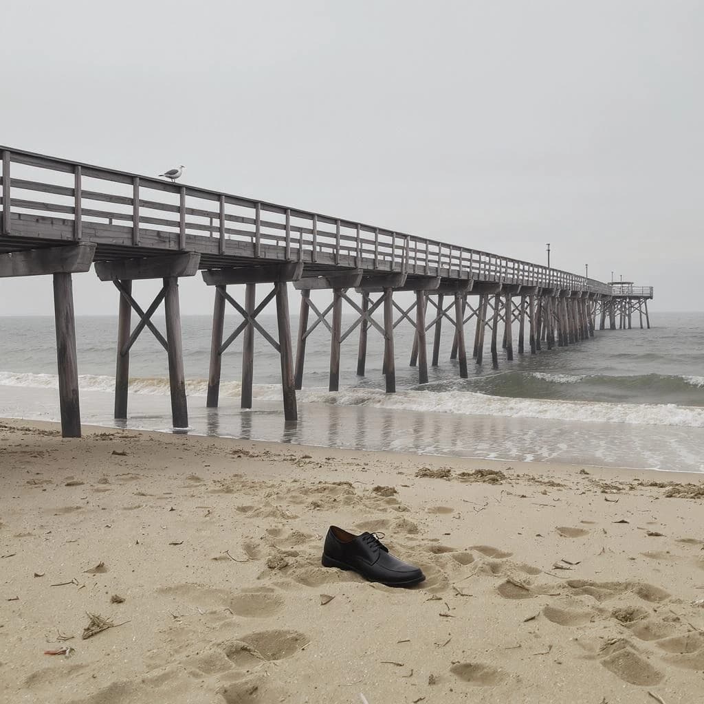 The beach is flat, sand beige, granular, no shells, except for a single left shoe, black leather, size eleven, half buried at an angle. The pier extends straight into the water, wood untreated, grain visible, though the support posts vanish before they touch the surface. The sky is uniformly gray, no clouds, yet shadows stretch at sharp diagonals. A single gull sits on the railing, wings outstretched, frozen mid-flap, no movement.