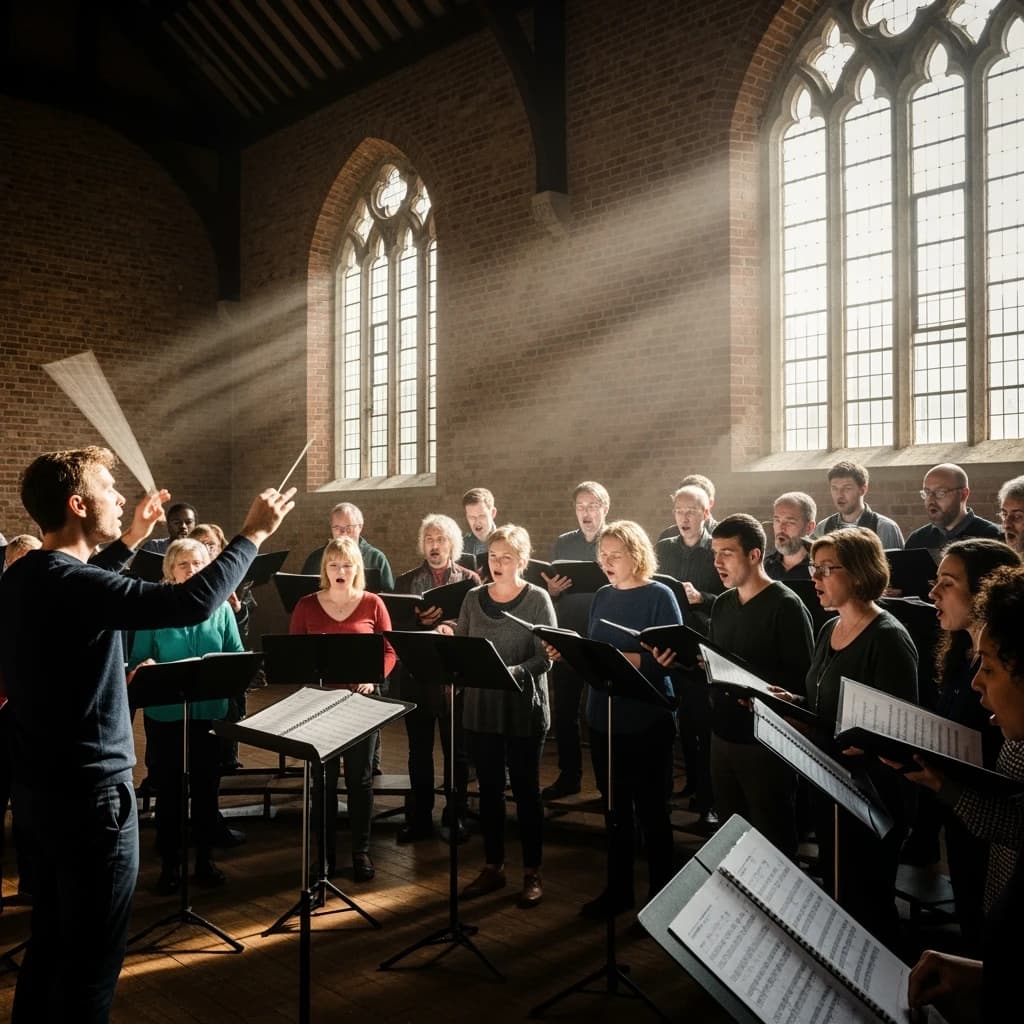 A choir rehearses in a brick hall as somewhat dramatic morning light falls through high windows, with a patient conductor mid-gesture, open scores, intent faces, slight motion blur.