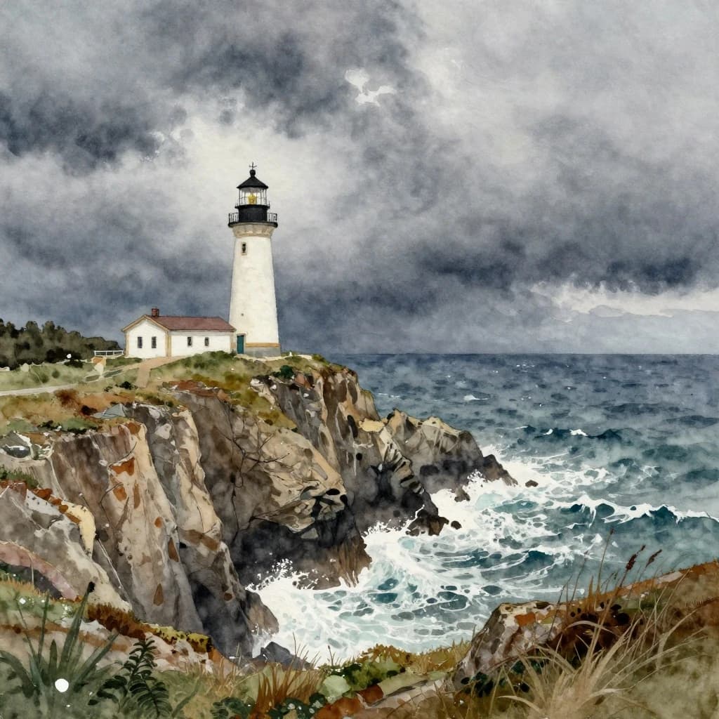 Please paint a watercolor of stormy cliffs and a lighthouse, moody sky.